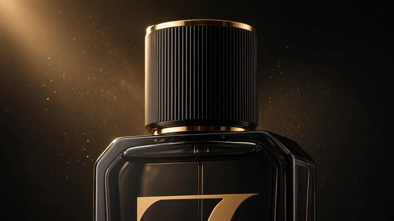 Close view of the ribbed black and gold perfume cap