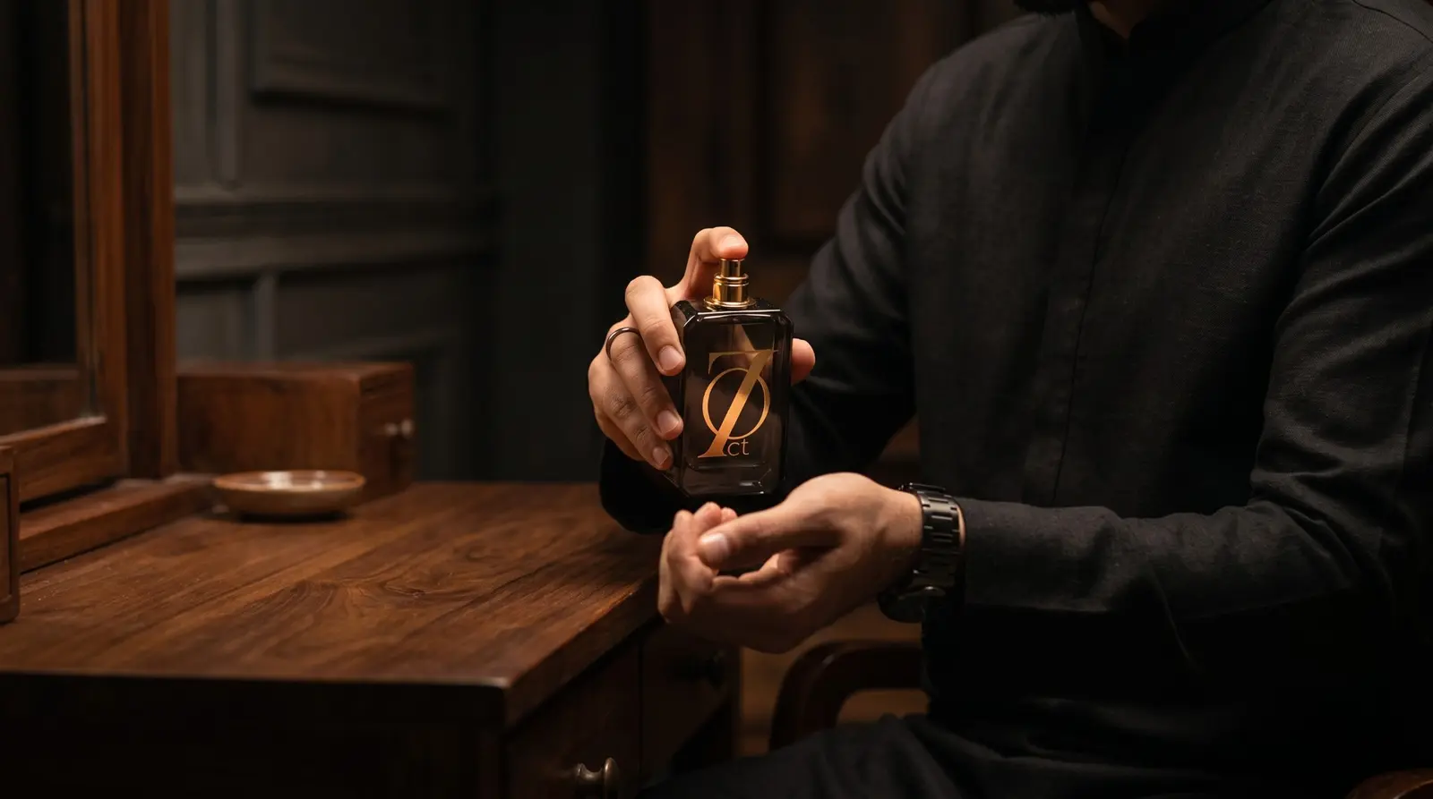A man applying 7th October perfume at a wooden dresser