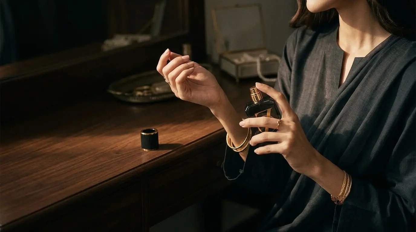 A woman applying 7th October perfume at a wooden vanity